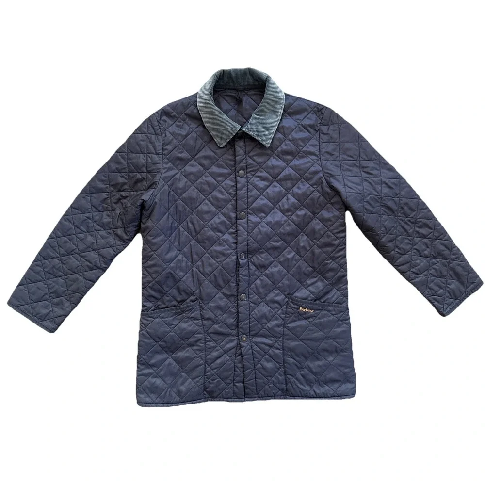 Barbour Liddesdale Jacket Men Medium Navy Blue Quilted Corduroy Collar Snap Coat - Picture 1 of 10